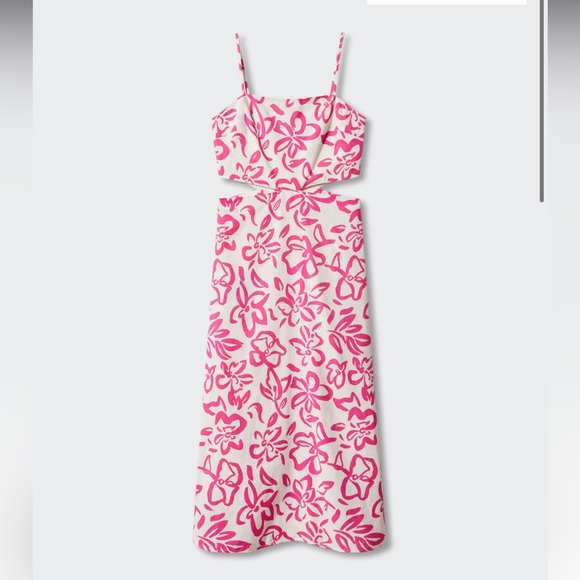 MANGO Floral Cutout Linen Blend Midi Dress Pink - Picture 7 of 9